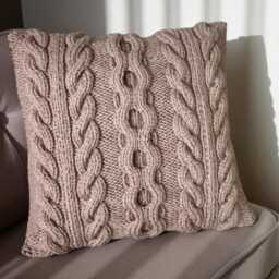 "Hand Knit Pillow Cover Warm Brown Cable With Buttons, 16""x16" - thumbnail 3