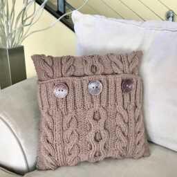 "Hand Knit Pillow Cover Warm Brown Cable With Buttons, 16""x16" - thumbnail 2