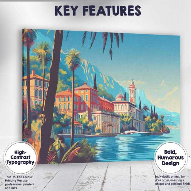 Italian Lakeside Mediterranean Villa Scenic Waterfront Landscape Canvas Wall Art Print Decor Picture Ready To Hang - image 1