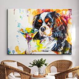 King Charles Spaniel Martini Glass Painting Framed Poster Print & Canvas Wall Decor Art Bar Kitchen Room Dog Gift Pet - thumbnail 1
