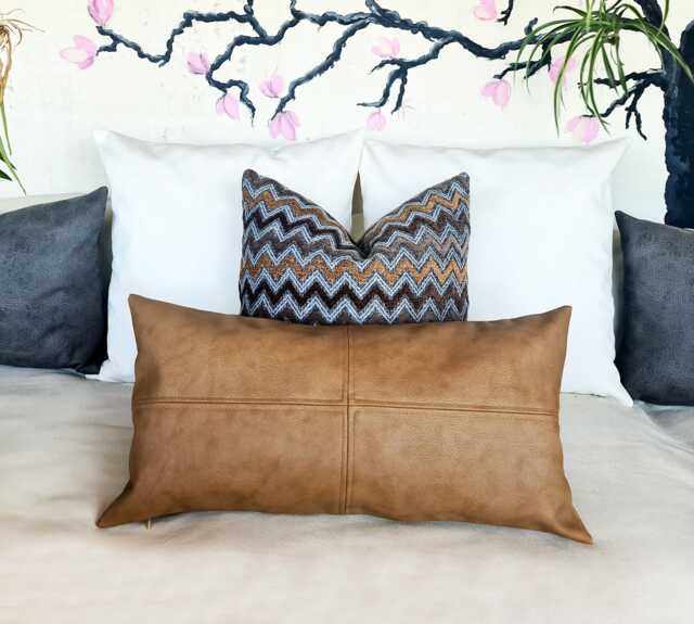 Saddle Tan Faux Leather Lumbar Pillow Cover Modern Scandinavian Design - image 1