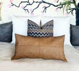 Saddle Tan Faux Leather Lumbar Pillow Cover Modern Scandinavian Design - thumbnail 1
