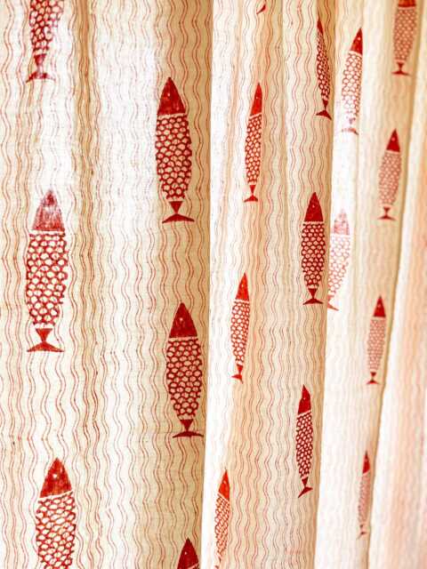 Hand Block Printed Rust Fish Organic Cotton Curtains, Rod Pocket Drapes - 2 Panels - image 1