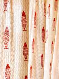 Hand Block Printed Rust Fish Organic Cotton Curtains, Rod Pocket Drapes - 2 Panels - thumbnail 1