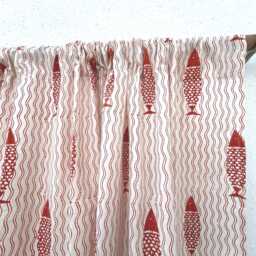 Hand Block Printed Rust Fish Organic Cotton Curtains, Rod Pocket Drapes - 2 Panels - thumbnail 2