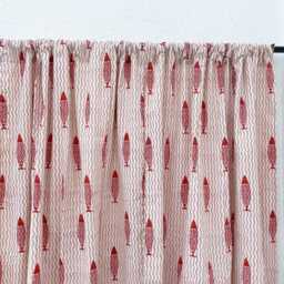 Hand Block Printed Rust Fish Organic Cotton Curtains, Rod Pocket Drapes - 2 Panels - thumbnail 2