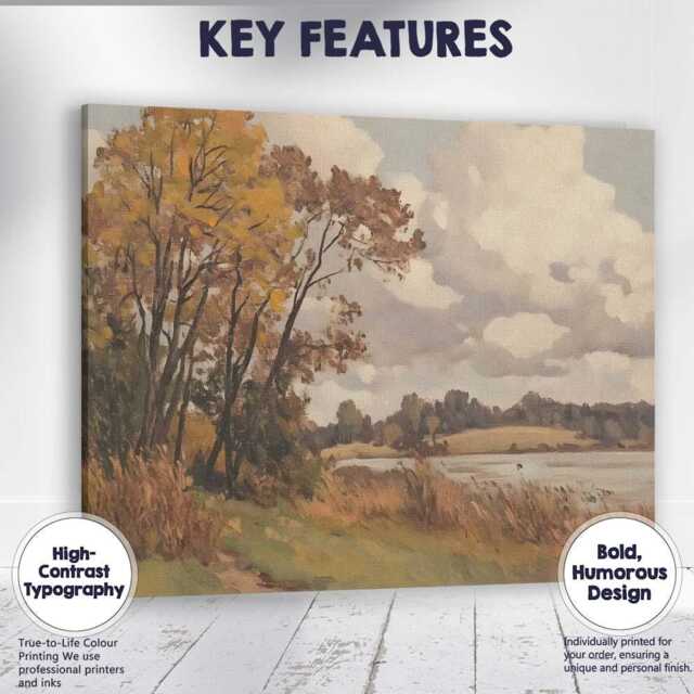Peaceful Riverside Meadow Autumn Trees Landscape Painting Canvas Wall Art Print Decor Picture Ready To Hang - image 1