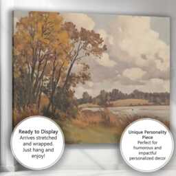 Peaceful Riverside Meadow Autumn Trees Landscape Painting Canvas Wall Art Print Decor Picture Ready To Hang - thumbnail 3