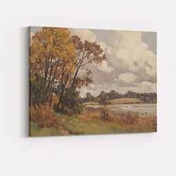Peaceful Riverside Meadow Autumn Trees Landscape Painting Canvas Wall Art Print Decor Picture Ready To Hang - thumbnail 4