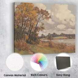 Peaceful Riverside Meadow Autumn Trees Landscape Painting Canvas Wall Art Print Decor Picture Ready To Hang - thumbnail 2