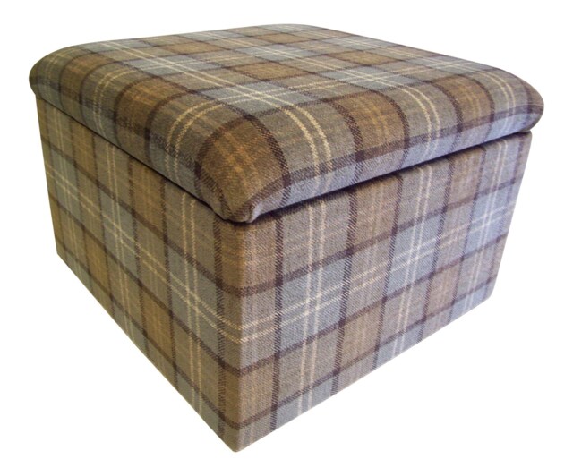 Tartan Fabric Storage Box Footstool Duck Egg Blue, Lift Lid - 20x20x14 - image 1