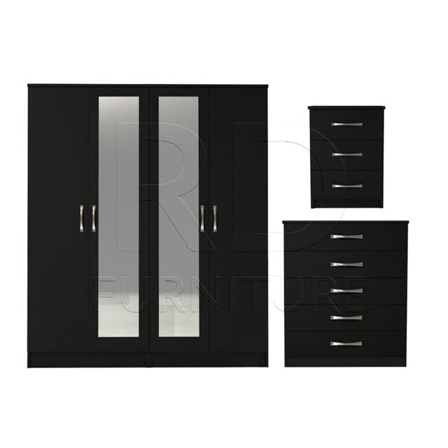 Bedroom Set, Black Set, Wardrobe, Mirrored Chest Of Drawers & Bedside Table. Ready Assembled - image 1