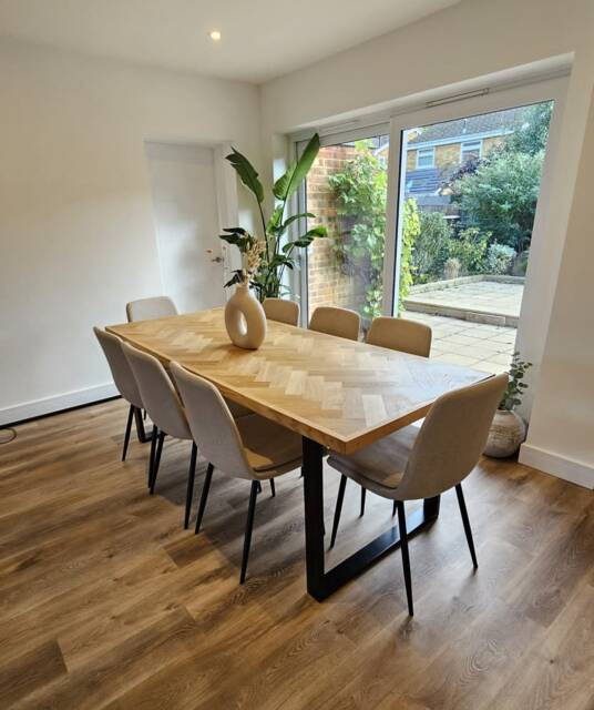 Solid Oak Herringbone Dining Table, Chevron Parquet Desk, Industrial Legs - image 1