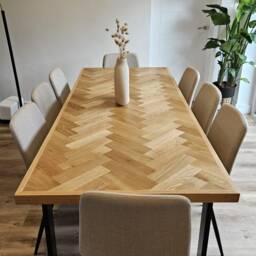 Solid Oak Herringbone Dining Table, Chevron Parquet Desk, Industrial Legs - thumbnail 2