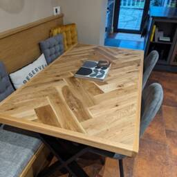 Solid Oak Herringbone Dining Table, Chevron Parquet Desk, Industrial Legs - thumbnail 3