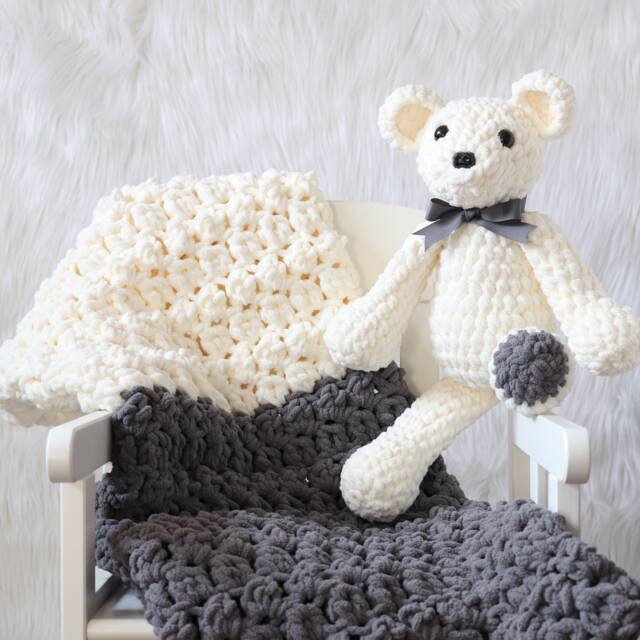 Gray & Cream Baby Blanket, Unisex Bedding, Teddy Bear With Rattle, Neutral Gift, & White Nursery, Security Blanket - image 1