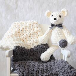 Gray & Cream Baby Blanket, Unisex Bedding, Teddy Bear With Rattle, Neutral Gift, & White Nursery, Security Blanket