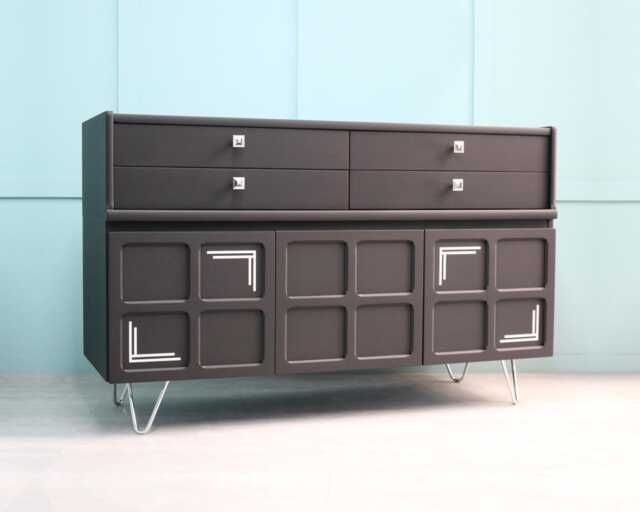 Art Deco Style Sideboard, Corner Unit - Nathan Matt Black & Silver Credenza, Mid Century Modern - image 1