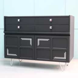 Art Deco Style Sideboard, Corner Unit - Nathan Matt Black & Silver Credenza, Mid Century Modern - thumbnail 2