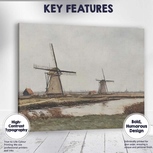 Rustic Dutch Windmill Riverside Countryside Landscape Painting Canvas Wall Art Print Decor Picture Ready To Hang - image 1
