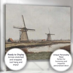 Rustic Dutch Windmill Riverside Countryside Landscape Painting Canvas Wall Art Print Decor Picture Ready To Hang - thumbnail 3