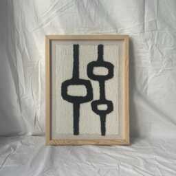 Mid-Century Black White Wall Art, Geometric Hand-Woven Cotton Design, Wood Frame - thumbnail 4