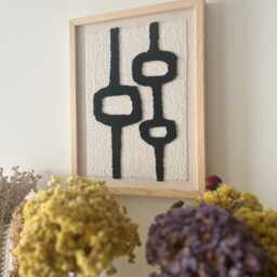 Mid-Century Black White Wall Art, Geometric Hand-Woven Cotton Design, Wood Frame - thumbnail 3