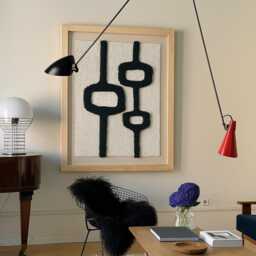 Mid-Century Black White Wall Art, Geometric Hand-Woven Cotton Design, Wood Frame - thumbnail 2