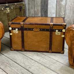 Leather Tan Coffee Table Trunk , Room Storage Chest Living Decor - thumbnail 1