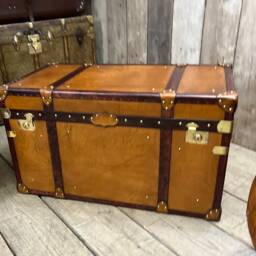 Leather Tan Coffee Table Trunk , Room Storage Chest Living Decor - thumbnail 3