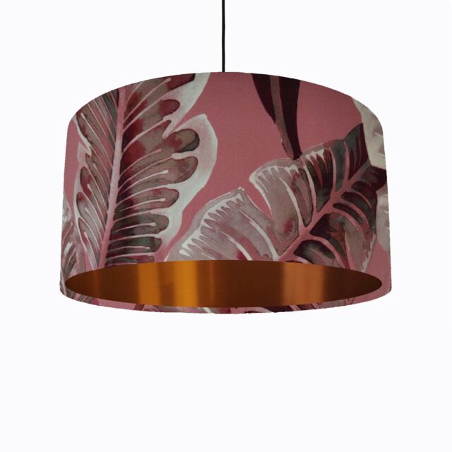 Pink Tropical Leaves Lampshade in Velvet With Copper Lining - image 1