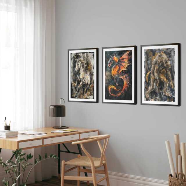 Mythical Beasts Print Set - Dragon, Unicorn, Werewolf Watercolor Art - image 1