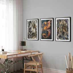 Mythical Beasts Print Set - Dragon, Unicorn, Werewolf Watercolor Art - thumbnail 1