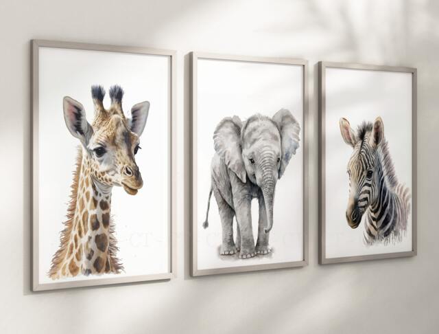 Safari Elephant Giraffe Zebra Animal Baby Girls Boys A4 Or A3 Nursery Set Of Unframed Prints Unisex Neutral Boho Beige Jungle - image 1