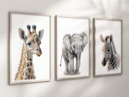 Safari Elephant Giraffe Zebra Animal Baby Girls Boys A4 Or A3 Nursery Set Of Unframed Prints Unisex Neutral Boho Beige Jungle - thumbnail 1