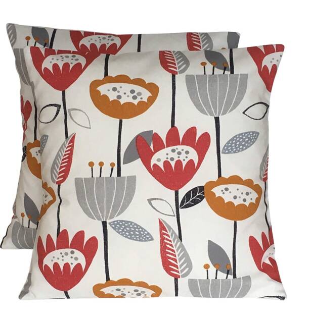 Set Of 2 Handmade Flower Power Cushion Covers Scarlet Red Orange Grey, 16 - image 1