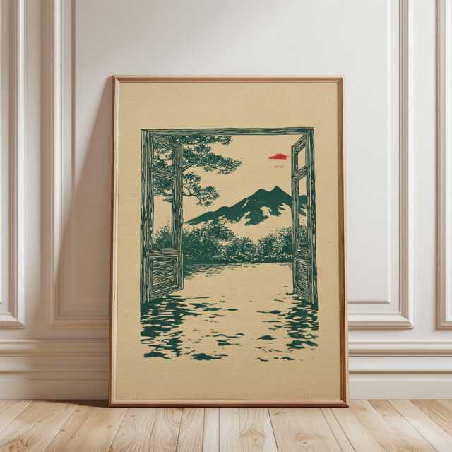 Landscape Poster - Minimal Window Mountain Scene Japanese Woodblock Style Art - image 1