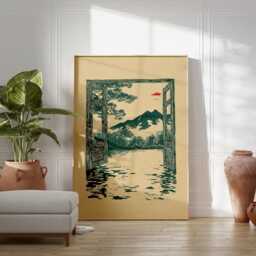 Landscape Poster - Minimal Window Mountain Scene Japanese Woodblock Style Art - thumbnail 3
