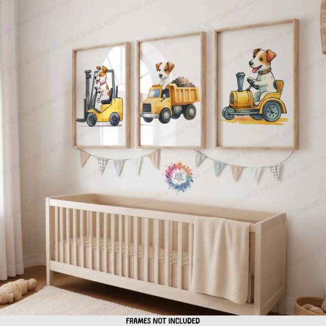 Dog Construction Posters - Set Of 3 Kids Prints - Digger Wall Art Truck Poster Kid Jack Russell Print Nursery Transport Decor - image 1