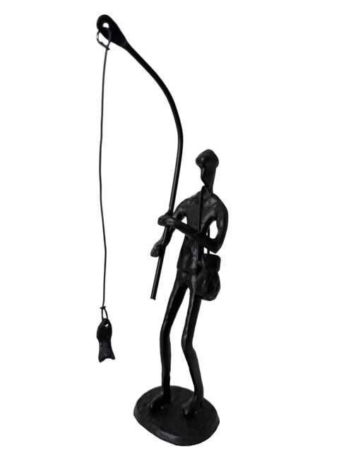 Metal Sculpture Off A Man With Fishing Rod Reeling in His Catch Rustic Figurine Hobby Gift Sweet Memories Grandfather Father Son Vintage - image 1