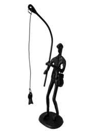 Metal Sculpture Off A Man With Fishing Rod Reeling in His Catch Rustic Figurine Hobby Gift Sweet Memories Grandfather Father Son Vintage - thumbnail 1