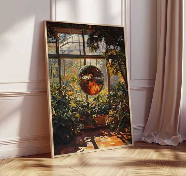 1970's Interior Disco Ball Greenhouse Art Print, Tropical Decor, 70S Style Aesthetic, Retro Funky Houseplant Poster - image 1