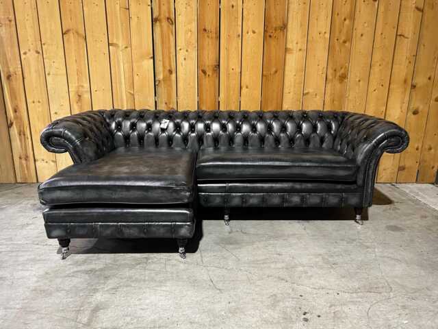 Handmade Traditional 4 Seater Chaise End Antique Greyleather Chesterfield Sofa - Reflex Cushion Seat - image 1