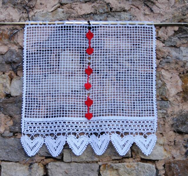 Traditional Curtain Crochet, Handmade, Cotton White, Break View(Sight Net, Lace Hearts, Vertical, Removable Red Hearts - image 1