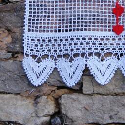 Traditional Curtain Crochet, Handmade, Cotton White, Break View(Sight Net, Lace Hearts, Vertical, Removable Red Hearts - thumbnail 2