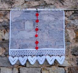 Traditional Curtain Crochet, Handmade, Cotton White, Break View(Sight Net, Lace Hearts, Vertical, Removable Red Hearts - thumbnail 1