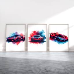 Car Poster Set - Red & Blue 3 Prints - Watercolour Painting Boys Room Decor Bedroom Wall Art Gifts Supercar Artwork Print - thumbnail 1