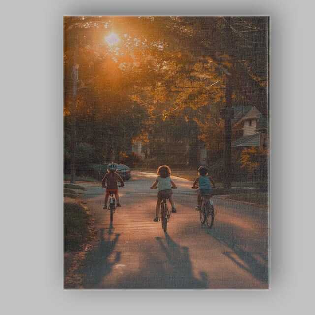 Children Cycling Along Tree Lined Street At Sunset Photography Canvas Wall Art Print Decor Picture Ready To Hang - image 1