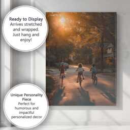 Children Cycling Along Tree Lined Street At Sunset Photography Canvas Wall Art Print Decor Picture Ready To Hang - thumbnail 3