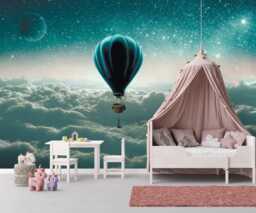 Watercolor Hot Air Balloon Wallpaper Mural, Clouds Nursery Decor, Peel & Stick - thumbnail 1